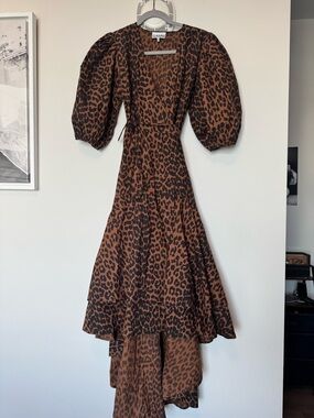 Ganni Brown Leopard-Print Puff-Sleeve High-Low Wrap Dress